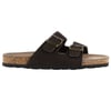 A brown sandal with two straps and buckle closures, featuring a cork midsole and black rubber outsole, shown in a side view.
