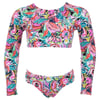 Colorful floral patterned long-sleeve bikini set with a crop top and matching bottoms on a plain white background.