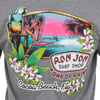 A colorful graphic on a gray shirt features a parrot, tropical flowers, a beach scene, and the text Ron Jon Surf Shop One of a Kind Cocoa Beach, Fla.