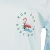 Light pink shirt with a Ron Jon Surf Shop logo featuring a pink flamingo standing in water with grass.