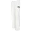 White sweatpants with an elastic waistband and Myrtle Beach printed in green and black lettering on the left thigh.