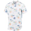 Short-sleeve button-up shirt with a colorful California-themed print, featuring palm trees, oranges, ocean waves, and sailboats on a white background.