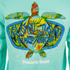 Sea turtle with tropical pattern on a Ron Jon Surf Shop logo, text reads Pensacola Beach on a turquoise background.
