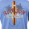 Blue shirt with a Ron Jon Surf Shop logo featuring a wooden surfboard, palm trees, and text reading Custom Surfboards Est. 1959, Long Beach Island, NJ.