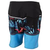 Mens board shorts featuring a black waistband, tropical leaf and flower pattern, a black back pocket with a grommet, and solid light blue lower panels.