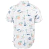Back view of a short-sleeve white shirt with a colorful, tropical-themed print, including palm trees, boats, and flowers. Patterns feature words like Malibu and California.