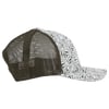 Side view of a green trucker cap with a leaf pattern on the brim and front panel, and a mesh back.