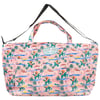 Pink tote bag with a tropical beach pattern, two handles, a shoulder strap, and a Ron Jon Surf Shop patch on the front.
