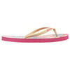 A colorful flip-flop with a floral pattern and a pink sole, featuring light-colored straps.