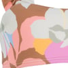 Close-up of a fabric with a floral pattern featuring pink, white, brown, blue, yellow, and green colors.