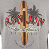Logo for Ron Jon Surf Shop featuring a surfboard, palm trees, and ocean waves, with the text Custom Surfboards Est. 1959 Long Beach Island, NJ on a grey background.