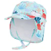 A childrens sun hat with a sea life print, featuring a shark and crab design, a wide brim, neck flap, and adjustable chin strap.