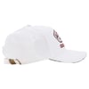 White baseball cap with an adjustable strap and metal clasp at the back. The front features a patch with text in red and black. The cap is viewed from the side.