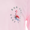 Light pink shirt with a Ron Jon Surf Shop logo featuring a pink flamingo standing in water with grass.