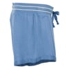 Blue terry cloth shorts with white stripes on the waistband and a side drawstring.