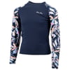 Navy long-sleeve rash guard with floral-patterned sleeves and sides. The text Ron Jon appears on the chest.