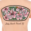 Peach t-shirt featuring a Ron Jon Surf Shop logo with pink hibiscus flowers. Text below reads Long Beach Island, NJ.
