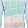 A light blue sweatshirt with large textured letters spells RON JON SURF SHOP with designs of a flower and a stylized wave.