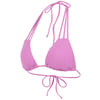 A pink, textured triangle bikini top with thin straps and back tie closure, displayed on a white background.