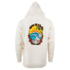 Back view of a white hoodie featuring a colorful graphic with a large wave, palm trees, and the words ONEILL and RON JON SURF SHOP above and below the image.