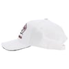 A white baseball cap with an adjustable strap at the back, viewed from the side.
