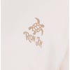 Close-up of a off white sweatshirt featuring a brown sea turtle graphic and the text Ron Jon printed on the chest.