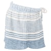 Knit shorts featuring horizontal stripes in light blue and white with a drawstring waist.
