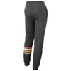 Gray sweatpants with elastic cuffs and side pockets, featuring a series of colored stripes on the lower right leg.