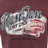 Vintage-style maroon shirt featuring a Ron Jon Surf Shop Est. 1959 graphic, with a classic car and surfboards. Text reads Cocoa Beach, Fla.