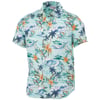 Short-sleeve Hawaiian shirt with a tropical print featuring waves, palm trees, and orange flowers on a light blue background.