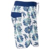 Side view of mens swim trunks with a blue waistband, blue pocket, and a white base featuring blue and green floral patterns.