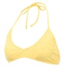 Yellow bikini top with floral patterns and a halter neck tie.