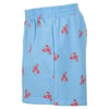 Light blue textured shorts with an elastic waistband and a red lobster print pattern, shown from the side.