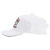 A white baseball cap with a curved brim, featuring a patch and text on the front.