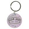 A round keychain with a pastel purple background featuring the text Ron Jon Surf Shop in black letters.