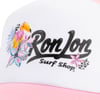 Close-up of a hat with Ron Jon Surf Shop logo, featuring a colorful parrot and flower design in a mix of black, pink, blue, and yellow on a white background.