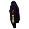 Navy colored hoodie with a colorful parrot and floral design printed on the right sleeve and a partial graphic visible on the back.