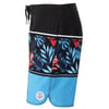 Mens board shorts with a black waistband, blue lower section, and a tropical leaf and red flower pattern across the middle.