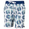 White board shorts with a blue waistband and a blue, green, and yellow floral pattern, featuring a white drawstring at the waist.