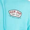 Close-up of a turquoise hoodie featuring a Ron Jon Surf Shop, Long Beach Island, NJ logo on the front.