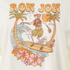 Illustration of a skeleton surfing on a wave, wearing a grass skirt and flower lei, with palm trees and flowers. The words Ron Jon are displayed at the top in large letters.