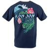 Navy blue t-shirt featuring a Ron Jon Surf Shop logo with a wave, pink flowers, and green leaves design on the back.