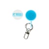 A blue container with a white and blue lid, attached to a silver keychain and clasp, shown open on a white background.