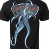 Back of a black t-shirt featuring a blue octopus and a silver sign with red text that reads Ron Jon Surf Shop.