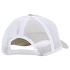 Back view of a white mesh trucker cap with an adjustable strap and beige fabric bill.