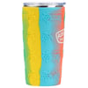 A colorful tumbler with yellow, blue, and orange swirls, textured with raised turtle shapes and a clear plastic lid.
