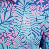 Close-up of a shirt with a vibrant blue and pink tropical leaf pattern and a circular Ron Jon Surf Shop logo.
