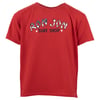 A red t-shirt with Ron Jon Surf Shop written in patterned white and black letters across the chest.