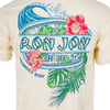 Back of a T-shirt featuring a Ron Jon Surf Shop Pensacola Beach logo with a wave, tropical flowers, and palm leaves in blue, green, and red.