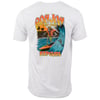 White T-shirt featuring colorful Ron Jon Surf Shop and Rip Curl graphic of a surfer on a wave with a sunset and palm trees in the background.